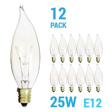12 Pack 25CFC Chandelier Bulbs 25W Watt 120V CA8 Flame Tip Candelabra E12 Clear