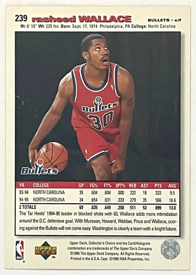 1995 Collector's Choice Player's Club #239 Rasheed Wallace Washington Bullets - Image 2 of 2