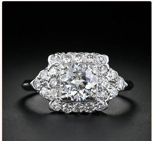 Anillo antiguo de compromiso de oro blanco de 14K de diamantes creados en lab...