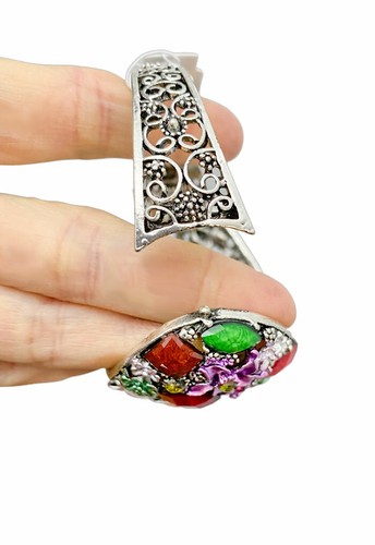 2" Wide Multicolor Flower & Butterfly Statement Casual Bracelet Rhinestones - Picture 2 of 3