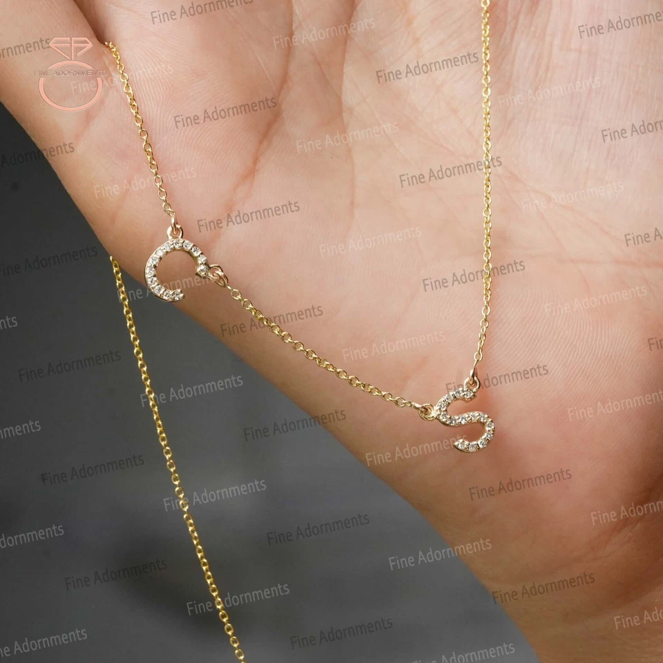 Nuevo collar inicial de oro amarillo sólido de 14k con dije de letras de diamantes naturales Foto 4 de 4