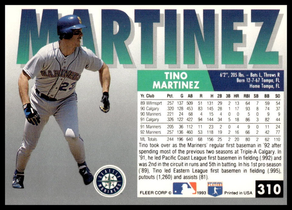 1993 Fleer #310 Tino Martinez - Image 2 of 2