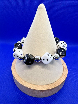 Dice Bracelet Bead Stretch Small White Black Dice Casino Gambling Games Jewelry