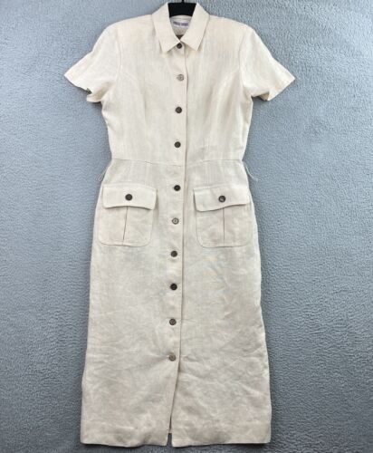 Vintage Maggy London Linen Safari Dress Womens 10 Medium Cream Button Up - Picture 1 of 24