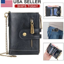 Mens Chain Wallet Genuine Leather RFID Biker Trucker Zip Bifold with Coin Pocket
