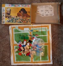 Playskool Village No. 309N--113 wooden pieces, mat, bag--worn/torn box and paper