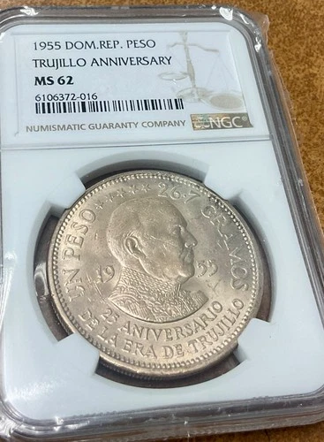 1955 Dominican Republic 1 Peso silver Trujillo Anniversary NGC MS 62.