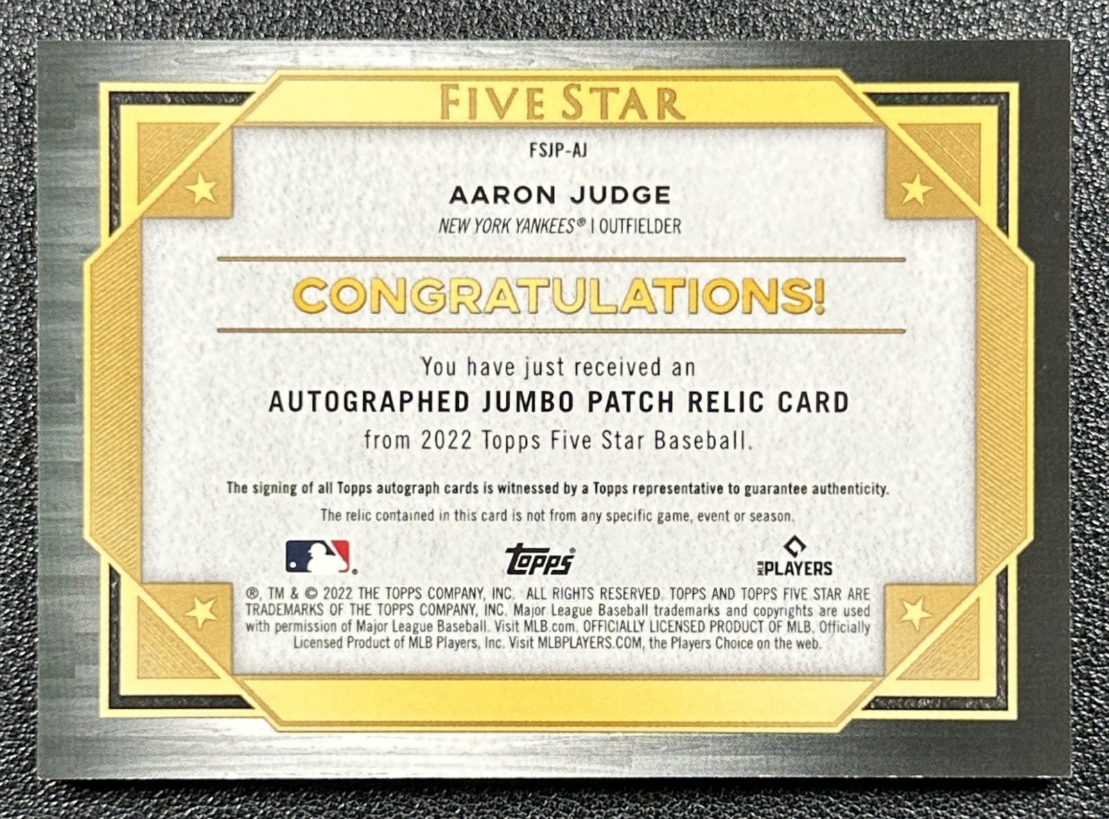 AARON JUDGE 2022 TOPPS FIVE STAR JUMBO PRIME GU PATCH AUTO SILVER RAINBOW 1/5 view 2