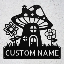 Custom Mushroom House Metal Sign Personalized Cottagecore Fairy Garden Decor ...