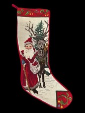 Vintage Handmade Needlepoint Old World Santa  Reindeer Christmas Stocking