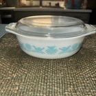 VTG Pyrex Bluebird Turquoise & White Oval Casserole 043 1-1/2 Quart W/ Lid
