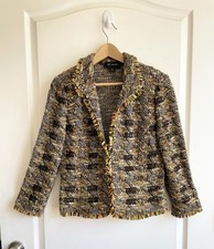 St John Couture Tweed Houndstooth Knit Fringed Jacket Sparkly Sz 10 made in USA