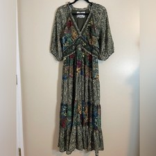 Cupio Maxi Dress Womens L Green Floral Paisley Cottagecore Boho Garden Girl