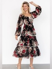 Baltic Born Viviana Tiered Floral Midi Dress Dark Floral Puff Sleeve Medium NWT