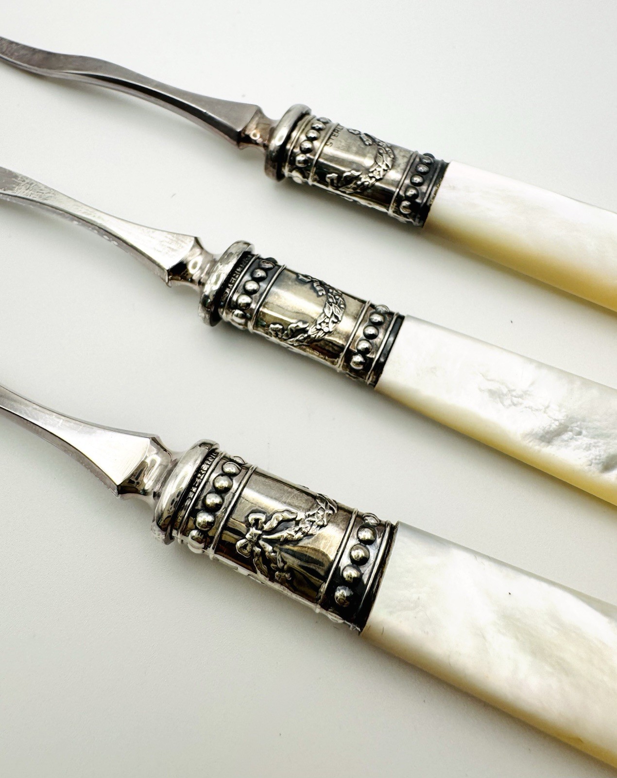 Pearl Handled Nut Picks x 3 (Sterling Silver) by MERIDEN CUTLERY CO