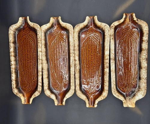 Vintage Hull Pottery Corn On The Cob Dishes Set of 4 Brown Drip Glaze USA
