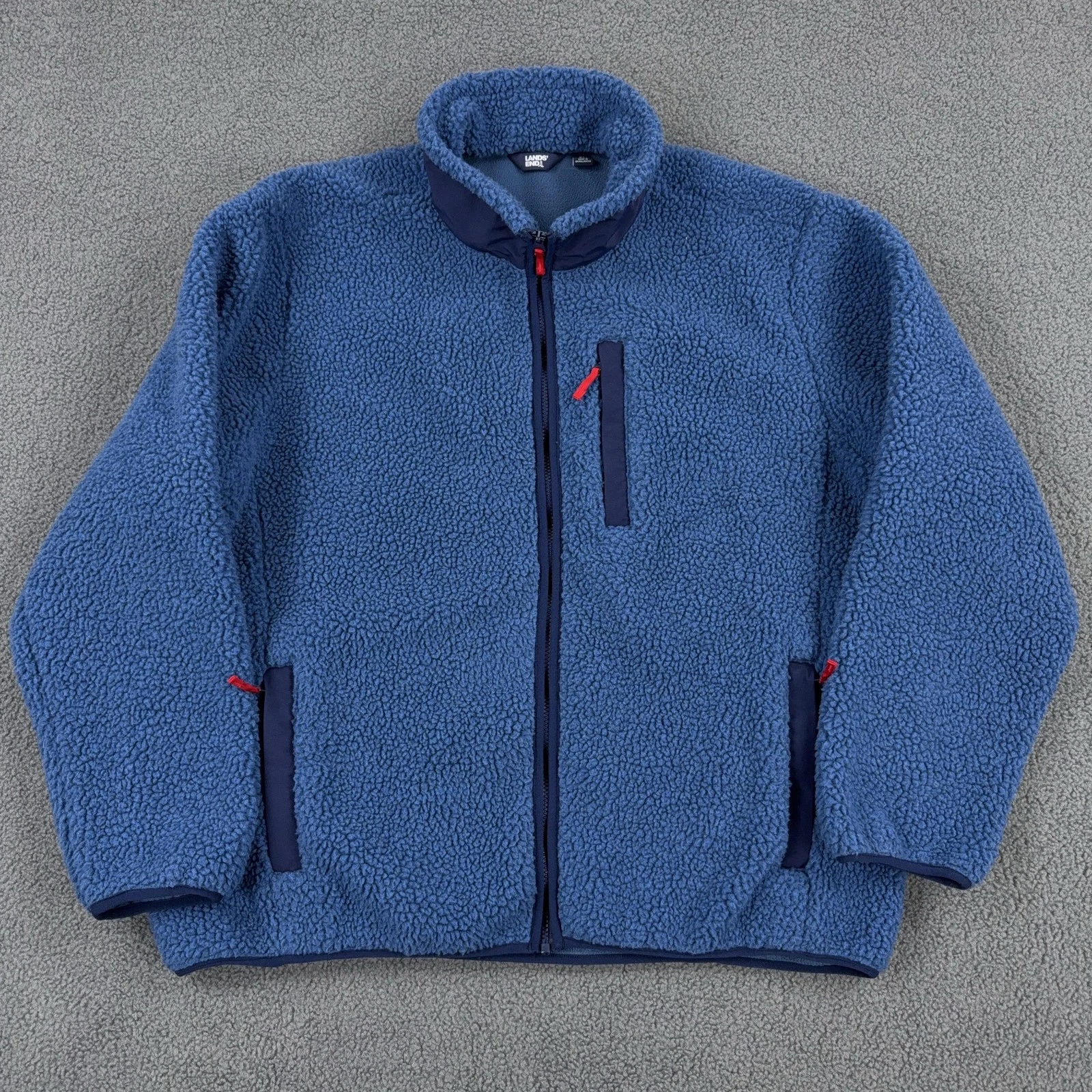 Lands End Jacket Mens XL Blue Sherpa Deep Pile Fleece Full Zip Lined Thermal