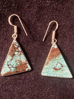 Sterling Triangular Turquoise Dangle Earrings With A Beautiful Matrix 1.6 