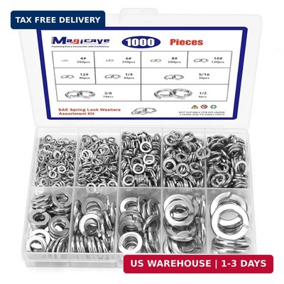 1000 Pcs Spring Lock Washers Assortment Kit - 9 SAE Sizes Split Lock Washers, 30