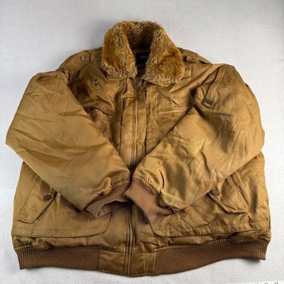 Sean John Mens XXL Tan Bomber Flight Jacket Faux Fur Collar Quilted Padded Heavy