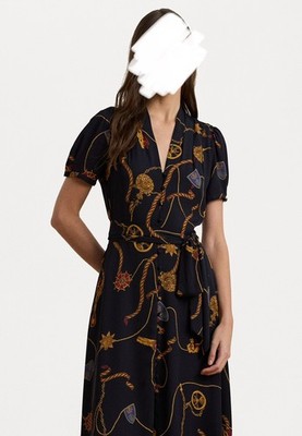 RALPH LAUREN 10 42 40  PRINT BELTED GEORGETTE SLEEVE DRESS  Freizeitkleid Neu 
