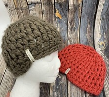 Crochet Kids Handmade Knit Stretch Winter Beanies Youth One Size Hats Lot Of 2