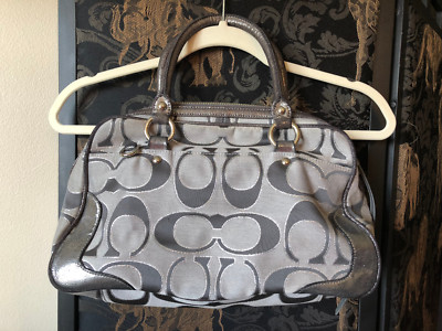 Coach Signature Poppy Pushlock Satchel Tote Handbag Purse Gray