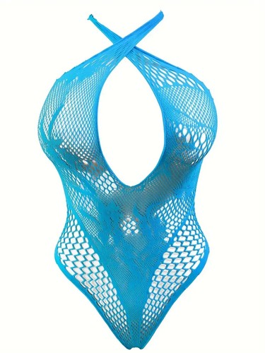 Curvy Sky Blue Lingerie Hollowed Out Body Suit Fishnet Mesh One Size