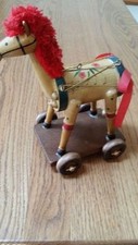 Vintage Handcrafted Child's Wooden Toy Horse on Wheels Pull Toy Used Good