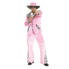 Mens Pink Pimp Costume + Hat 1970s Big Daddy Velvet Suit Halloween
