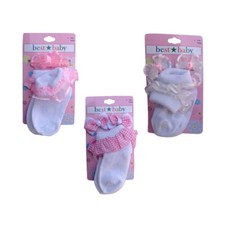 3 PAIR Baby Girls Lace Cuff Socks  Matching Hair Accessories White Pink NEW