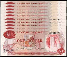 MINT GUYANA 1 DOLLAR ND 1989 P 21 f UNC (10 PCS) MONEY LOT