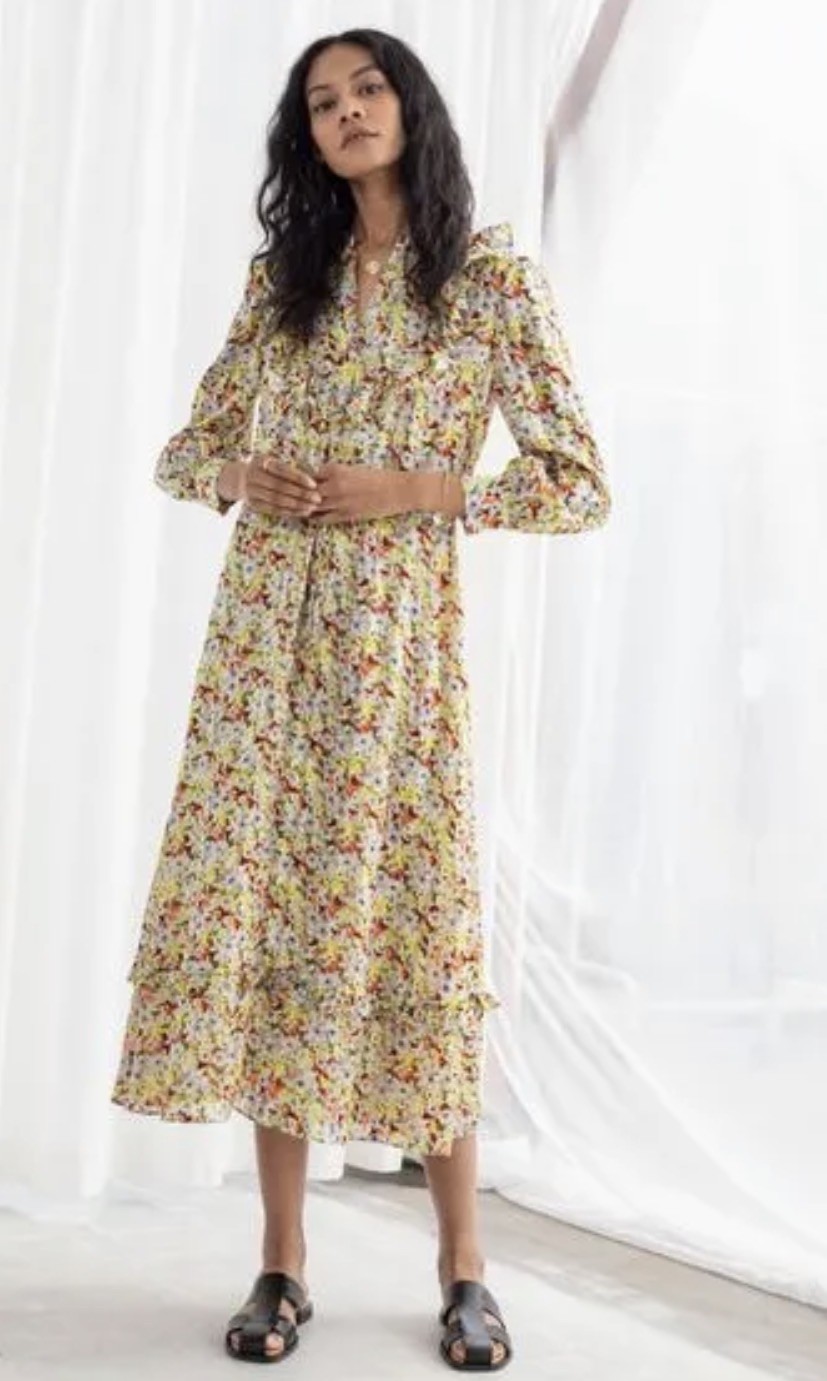& OTHER STORIES Ruffle Midi Dress Size UK8 US6 Yellow Floral Belt ASO PoW Royal
