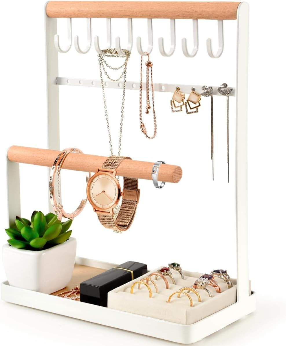 Velvet Jewelry Organizer Stand with Ring Holder and Necklace Display in White-image