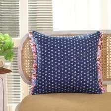“Pink Blue Floral Throw Pillow Cover with Striped Ruffle Trim 18x18 Cushion”