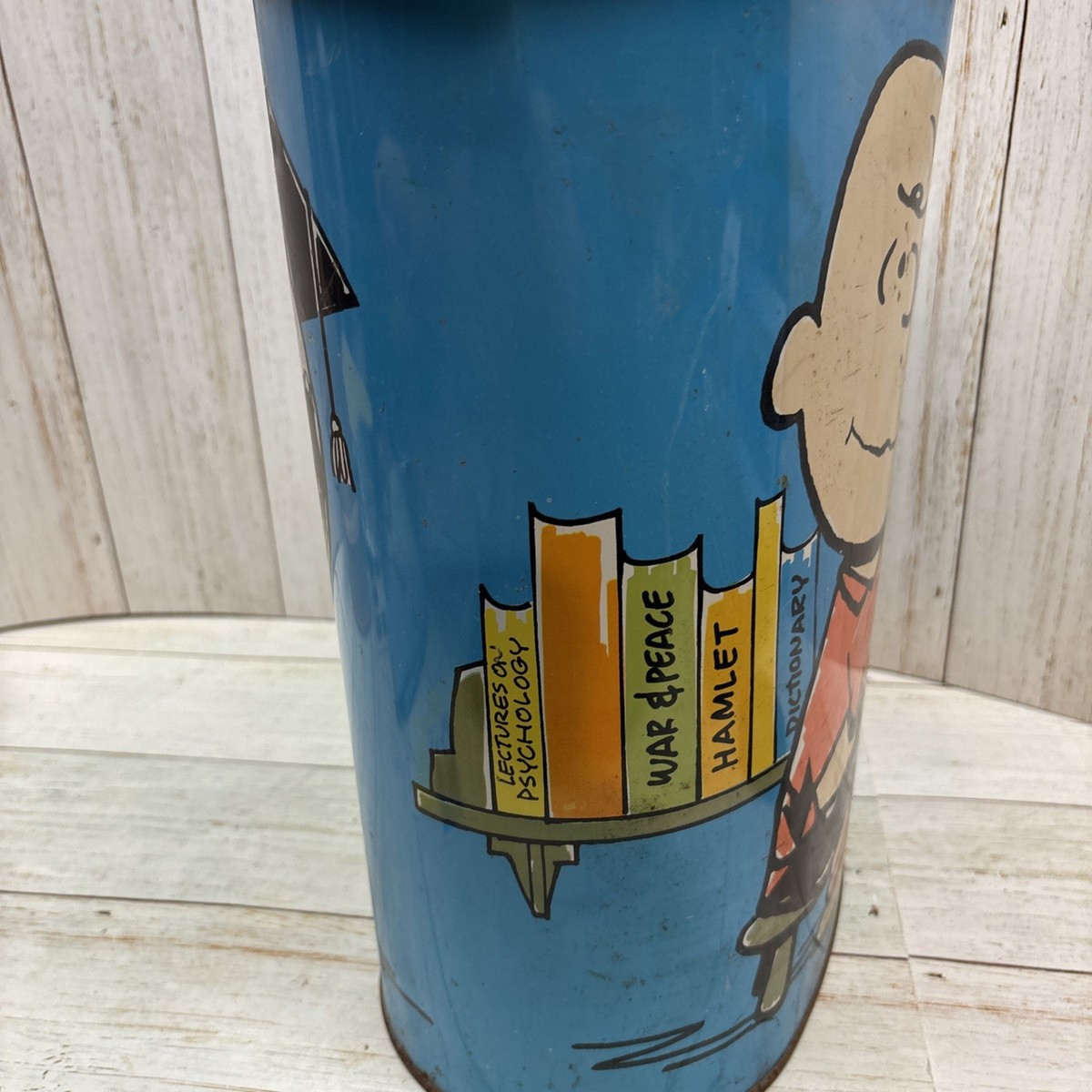 1969 Vintage Peanuts Cheinco Blue Metal Trash Can Snoopy and