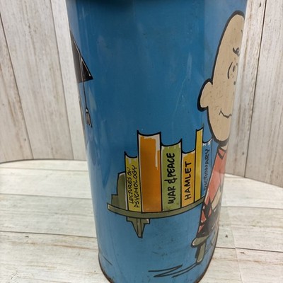 1969 Vintage Peanuts Cheinco Blue Metal Trash Can Snoopy and