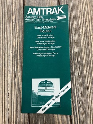 Amtrak Januar 1986 Zugfahrpläne Ost-Mittelwest Strecken Prospekt