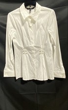 WHBM White House Black Market Women's White Fitted Blouse Faux Pearl Accent Sz 4