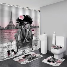 4Pcs Black Girls Bathroom Sets with Shower Curtain and Rugs, African Shower