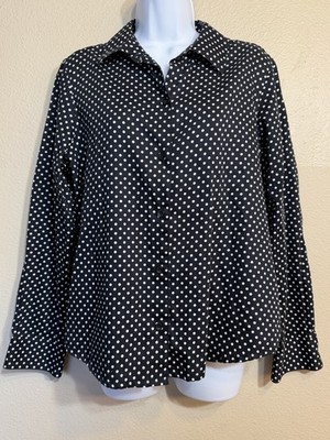 Foxcroft Wrinkle Free Black & White Polka Dot Button-Up Blouse 100% Cotton Large