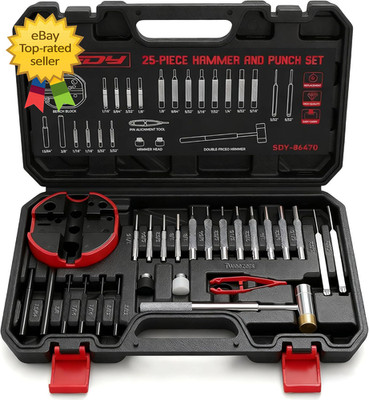 Premium Pin Punch Hammer Set: 25 Piece Punch Set and Hammer with Bench Block