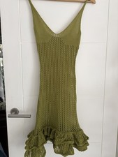 Crochet Knit Ruffle Hem Mini Dress Women’s Small Green Excellent Condition 