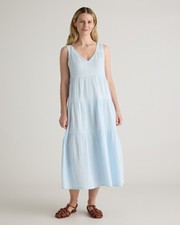 Quince Women 100% Organic Cotton Gauze Tiered Maxi Dress Nantucket Blue M