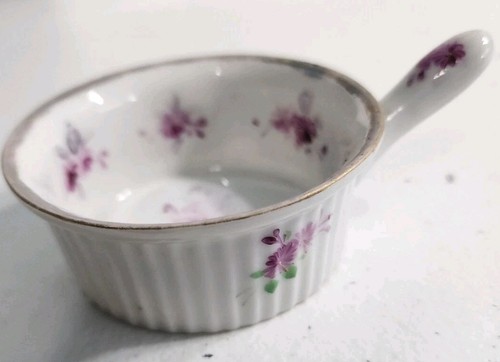 Purple Flowers Mini Ramekin With Handle Ceramic Porcelain 2.5"