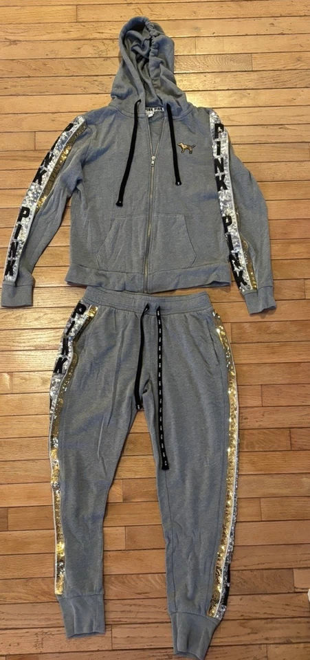 VICTORIA’S SECRET PINK Gray Small Sequin Bling Set Hoodie & Jogger Logo & Print - Image 2 of 4