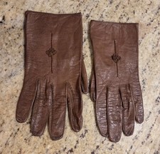 Vintage Womens Size S Brown Leather Gloves 3D Flower Stitching