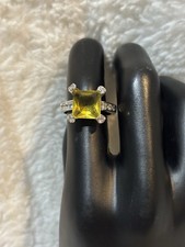 Emerald cut faux citrine canary yellow crystal pave trim silver tone ring NWT 8