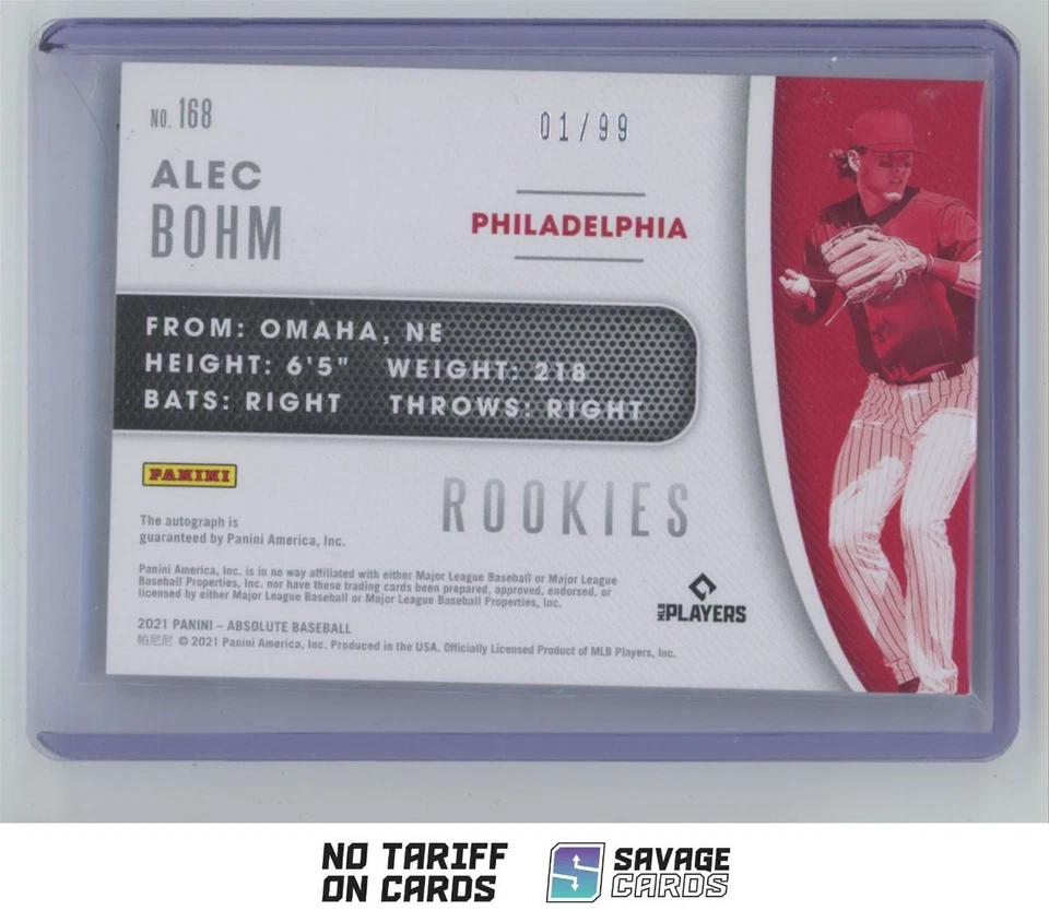 2021 Panini Absolute Rookie Material Black Auto Alec Bohm 01/99 . #168 - Image 2 of 3