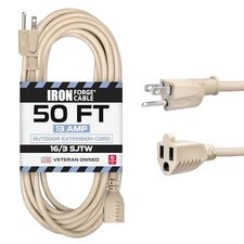 50 Ft Outdoor Beige Extension Cord, 16/3 Heavy Duty Cable -3 Prong Grounded Plug